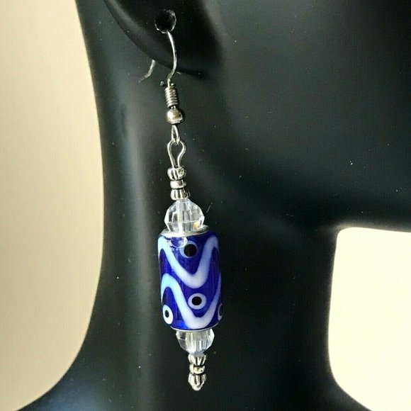 Silver Murano Art Glass Bead Earrings Blue White Cylinder Beads Dangle Plated - Picture 4 of 8